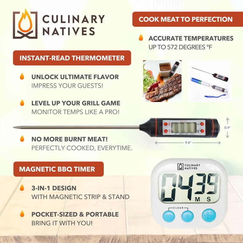 CULINARY NATIVES قفازات المدخن ومخالب اللحم | مقياس حرارة فوري، مؤقت وفرشاة | مجموعة ملحقات الشواء والمدخن المقاومة للحرارة رقم 1 | قفازات الشواء ومخالب لحم الخنزير المسحوب | مجموعة هدايا لشوايات الغاز والفحم والحبيبات - Image 4